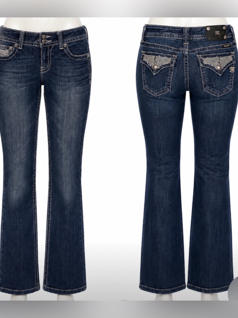 Miss Me Dark Blue Jeans with Embellished Rhinestone Pockets 29 Y2K Glam Bling